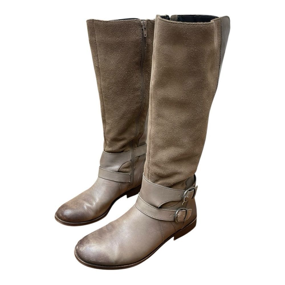 LUCKY BRAND Taupe Gray Leather Suede Buckle Zip Knee High Wide Calf Boots Sz 9